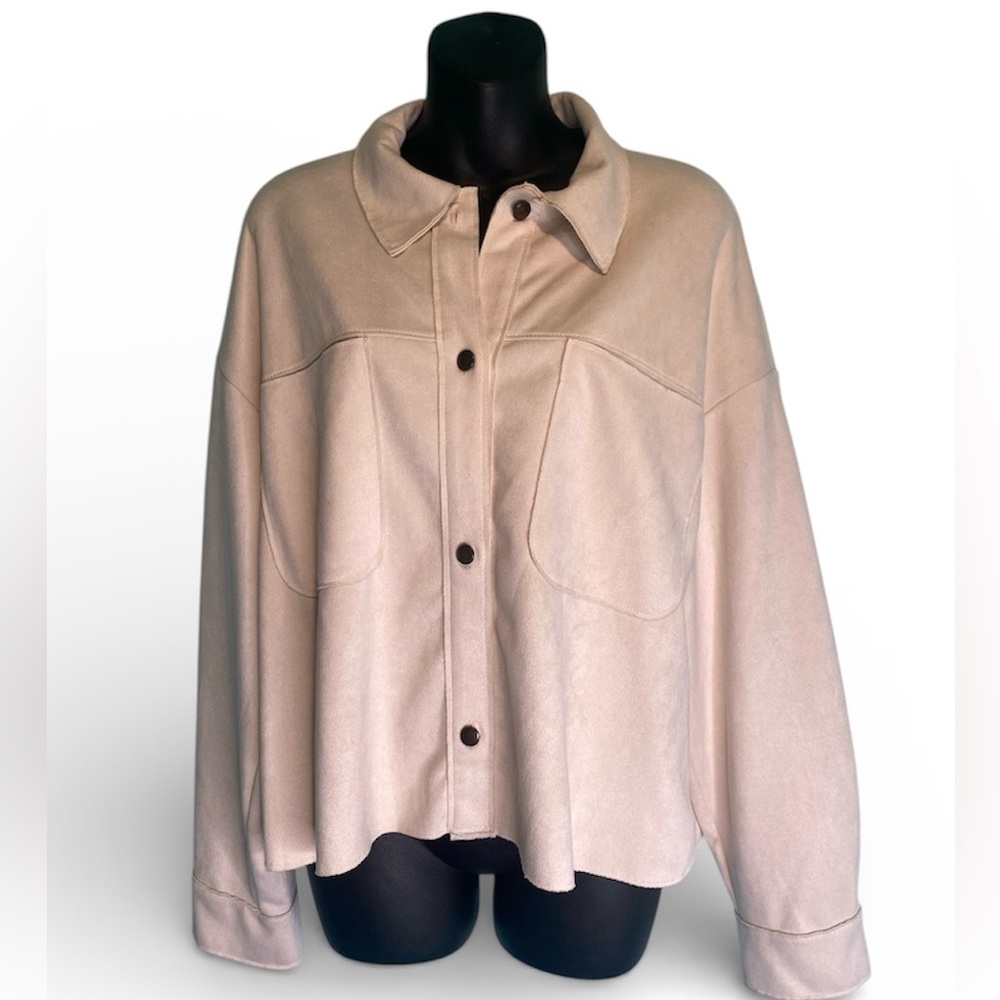 Moa & Moa Vegan Faux Suede Crop Jacket Top Cream XL Button Front Long Sleeve